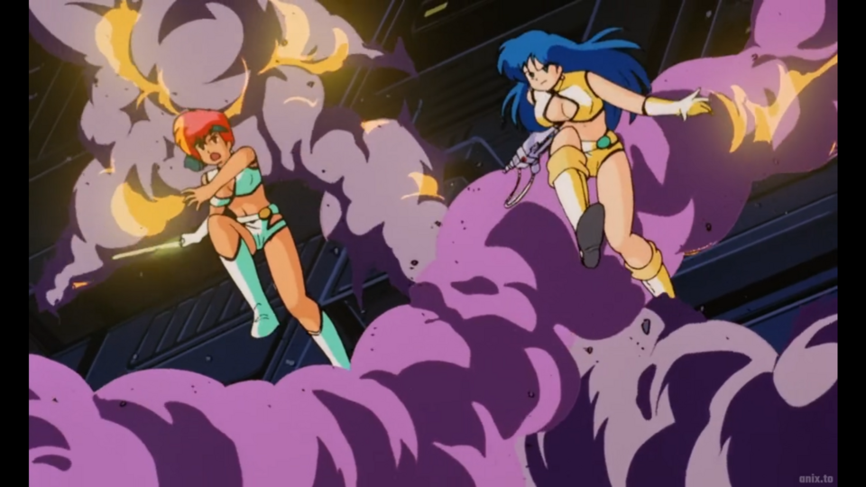One last Dirty Pair shot, doing what they do best: looking cool while explosions are happening.