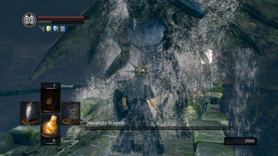 Moonlight Butterfly was replaced by a Bell Gargoyle (so that's where the other one went). Not an issue, even with no room to move around in. A lot of that was thanks to the Crest Shield I found: 100% physical resistance, 80% magic. Good shit.