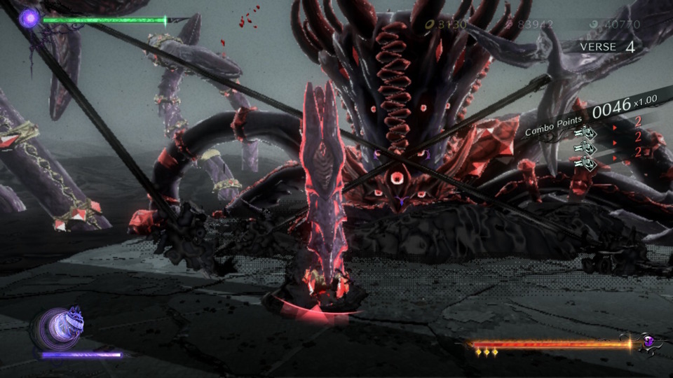 A typical screenshot of an “Epic” boss fight. The red arrow is meant to indicate where did the enemy hit player character, but with player character not visible, it does not help at all.