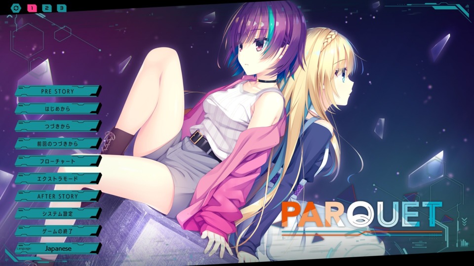 Parquet title screen. Featuring Rino Ibaraki (front/left) and Tsubasa Kido(back/right), both voiced by Nao Toyama.