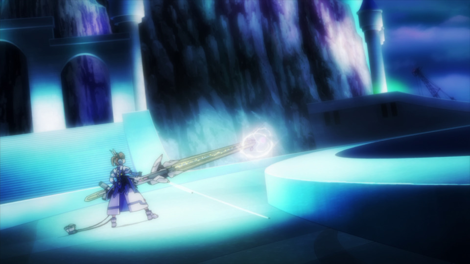 Nanoha wielding a new gun called Pile Smasher while Raising Heart was being enhanced in Reflection.