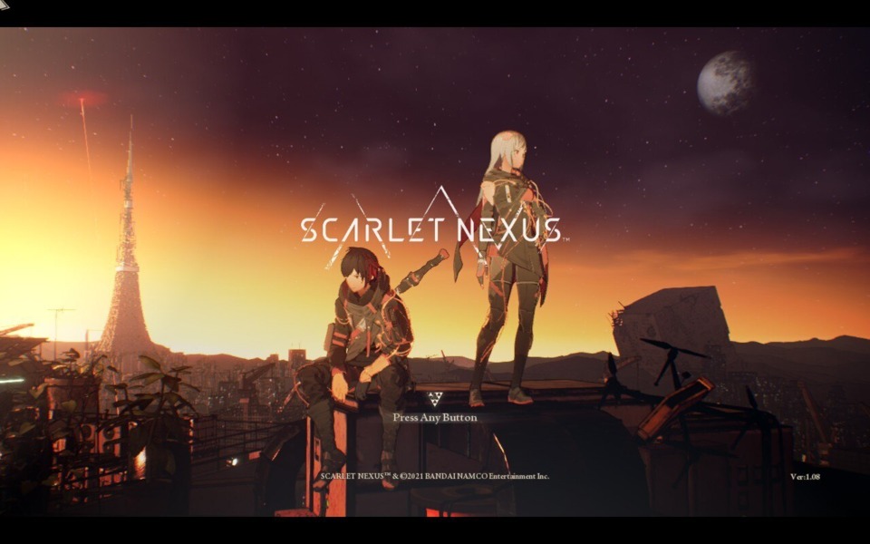 The title screen of Scarlet Nexus featuring player characters Yuito Sumeragi and Kasane Randall, from left to right. I would only refer to them as “sitting lad” and “standing lass” respectively below.