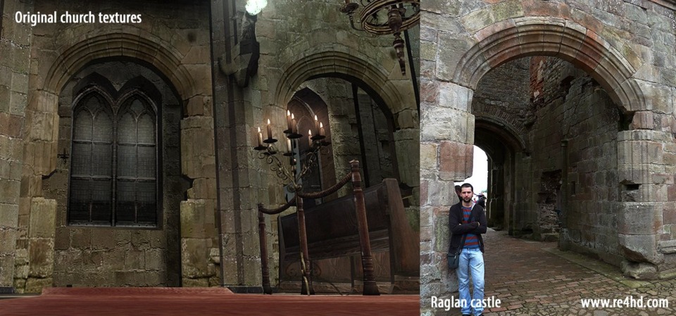 Albert Marin standing in front of an archway in Raglan Castle in Wales. A shot of RE4’s village church, which was based on this castle, is on left.