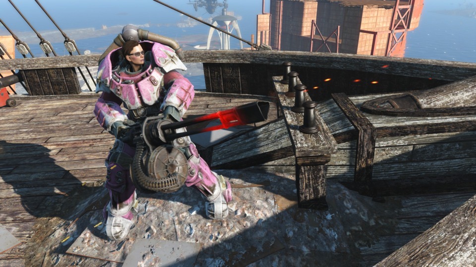Why yes, I am firing a chaingun from a ship on top of a skyscraper while wearing hot-rod pink power armor. Thanks for noticing!