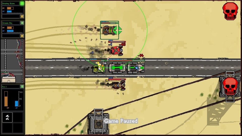 The red skulls warn you where instadeath roadblocks will pop up; if I shoot my MVC's EMP gun at the enemy car below me, it will go out-of-control and crash into the tower, killing it instantly. Meanwhile, the top enemy car is trapped between my two escorts and taking heavy fire. The green circle around the selected escort shows its targeting range.