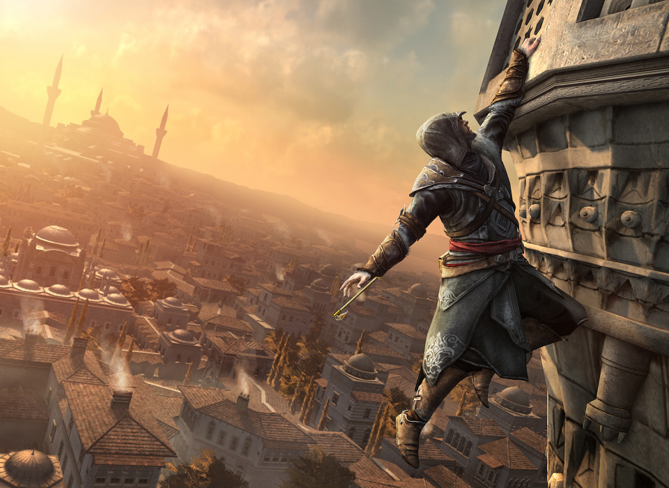 This may be the last time we see Ezio precariously hanging onto a ledge.