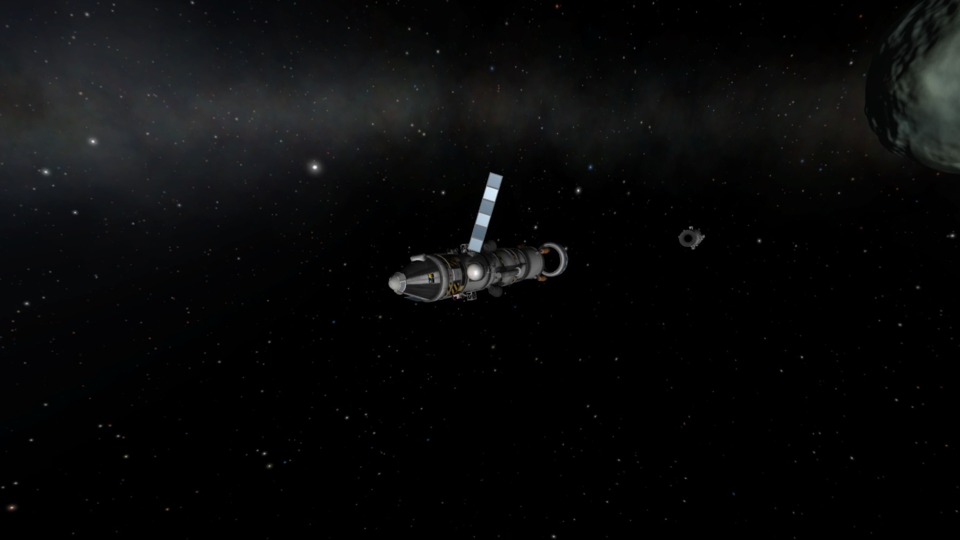 Mun transfer burn complete, fuel is transferred from the bottom tank to the upper tanks. The empty bottom tank is then jettisoned.
