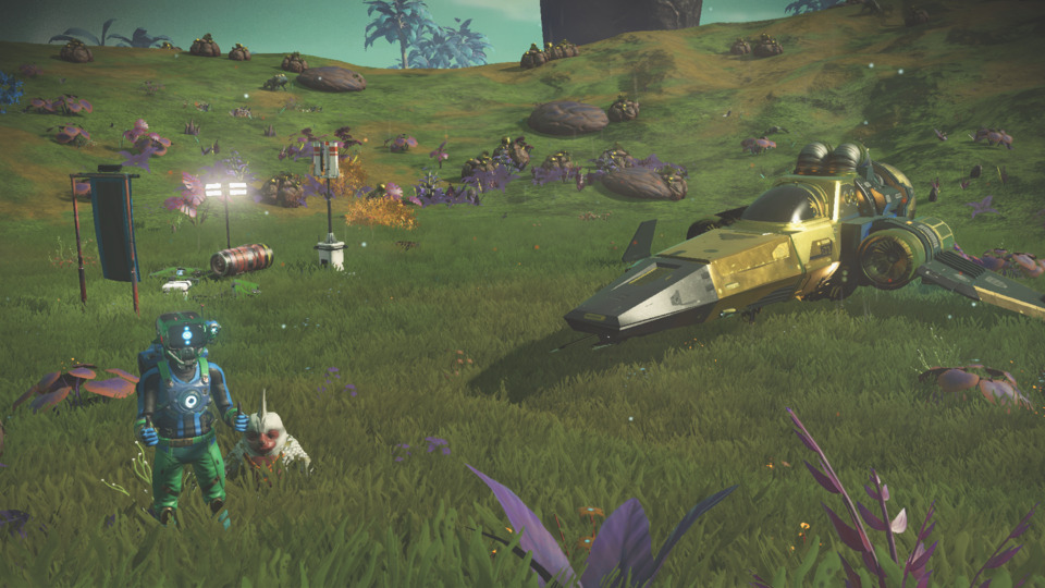 Me, my buddy and my snazzy new gold spaceship - two thumbs up