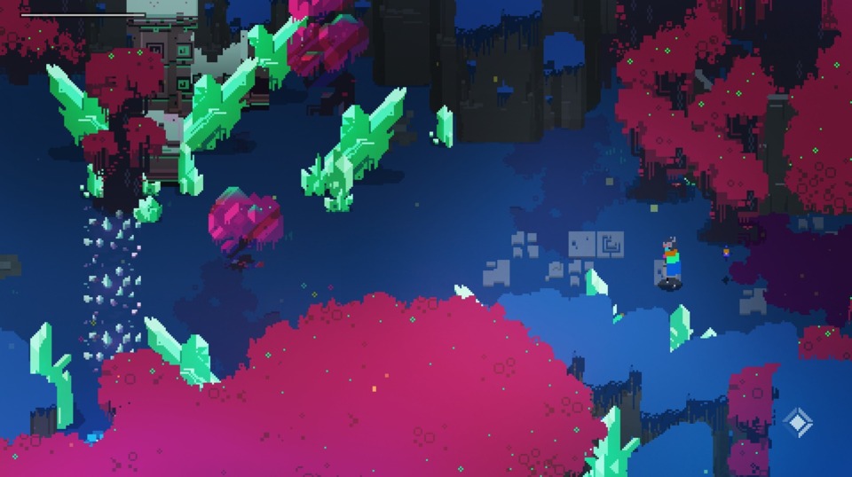 The western part of the map, filled with pink trees and light green crystals.