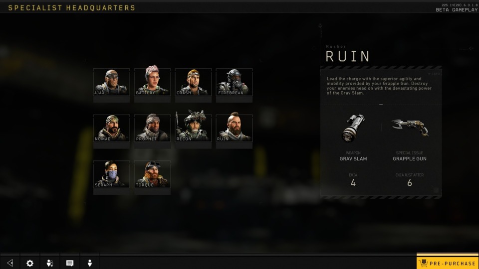 The available specialists. Many have the same abilities and some even the same name as Black Ops 3's specialists.