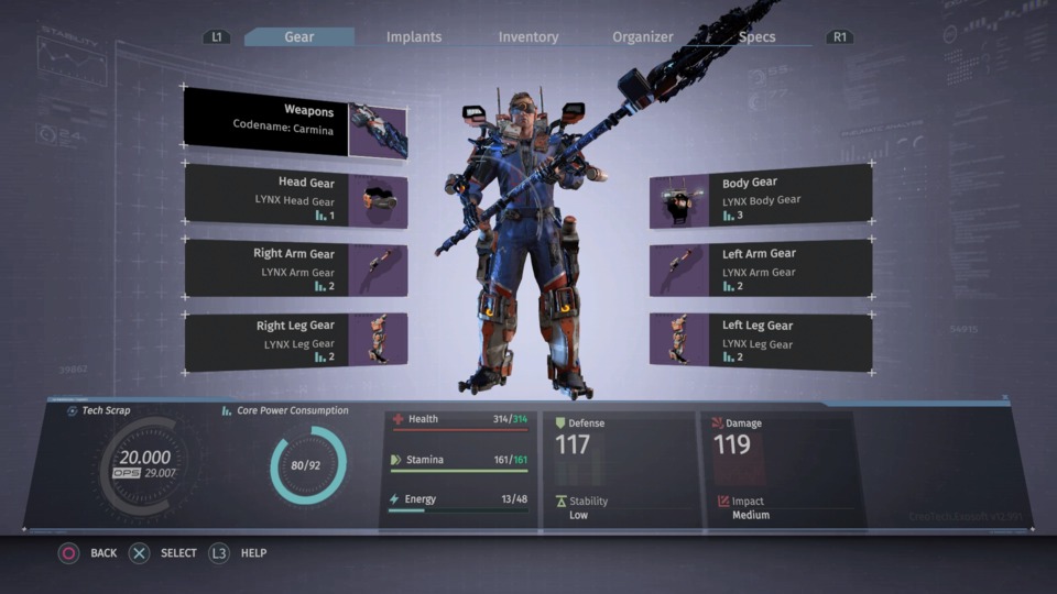 This was my final loadout. All gear is upgraded to Mark V (using hidden nano core items). I stuck with the Lynx set because it gives +6% attack speed and fast movement with stamina use reduction. The Carmina is the best staff in the game due to high attack speed and very high proficiency scaling.