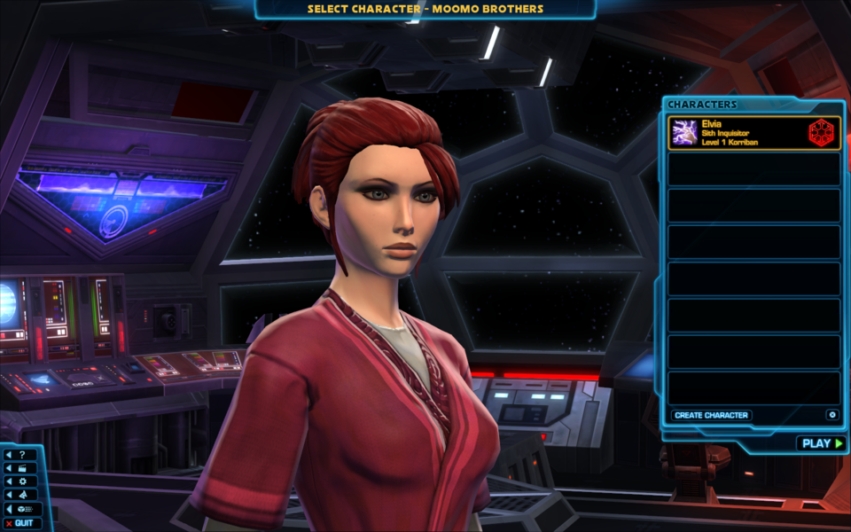 My Sith Inquisitor, Elvia, freshly created on Saturday morning.