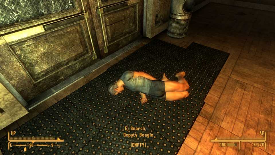This was a particuarly weird one.  I let Deputy Beagle die (accidentally) in Primm, but when I completed the quest, his corpse ended up showing up on the doorstep of the casino.  No one seemed to mind.  After briefly defiling his body, I moved on. 