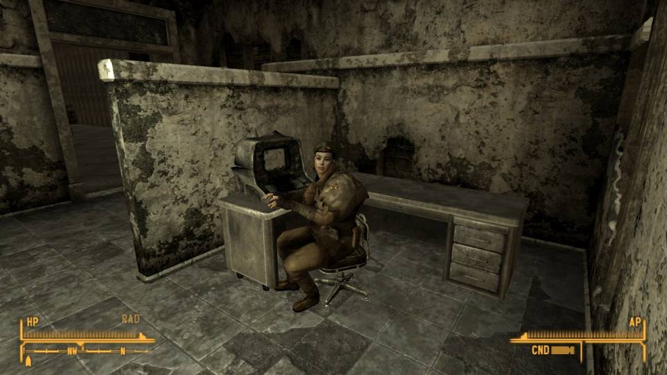 Just another NCR slacker, pretending to work while collecting a government paycheck.  At least set yourself up in front of a computer that's not obviously broken!  Clearly, the wasteland needs a new Tea Party.