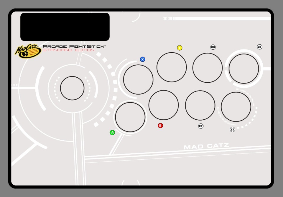       Based on the Asian Tournament Edition stick. Originally made for TEs by Castigation at SRK. Button aids, Mad Catz logo, and text by me.