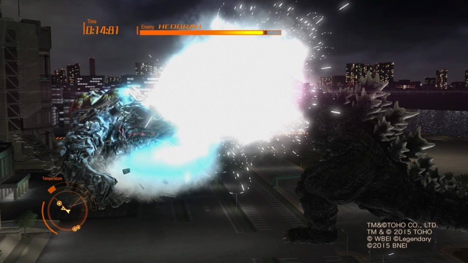 Godzilla uses his signature move atomic breath 
