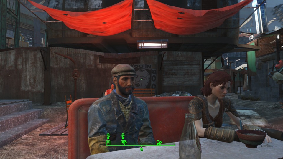 Sitting outside the Dugout Inn with my favorite companion so far Cait (haven't gotten everyone yet) the way you sit in this game makes my dude look mad awkward sitting next to her.