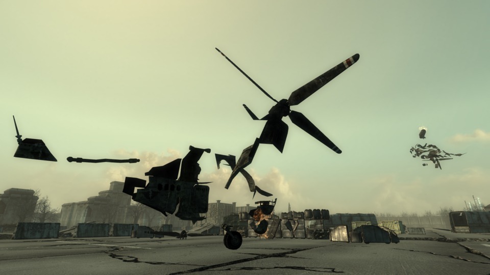 Two broken vertibirds just floating above the ground...because Fallout 3 is a weird game.