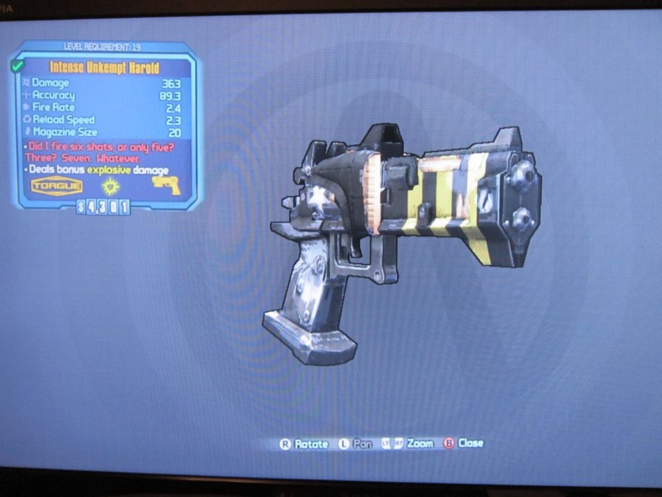 the intense unkempt harold is one badass pistol! with a mechromancer, all it takes is 1 shot to drop a badass anything between levels 18 and 24, with a stack of 100 or more anarchy.