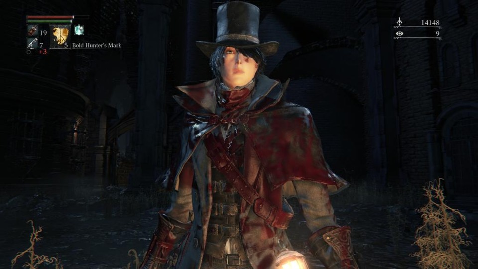 Random picture of my character, wearing a tophat and splattered in blood. I diverged from my usual character of a dude with a big beard because I felt like it was lady time in Bloodborne. The game has some GREAT beards, though.