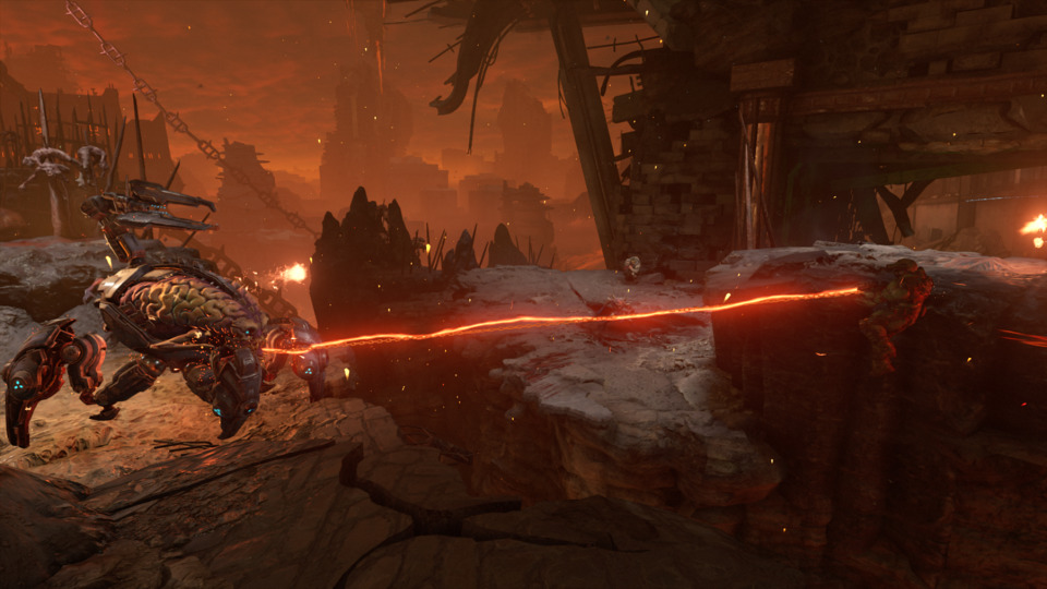 Photo mode of the Slayer using the Super Shotgun's flaming grappling hook. 
