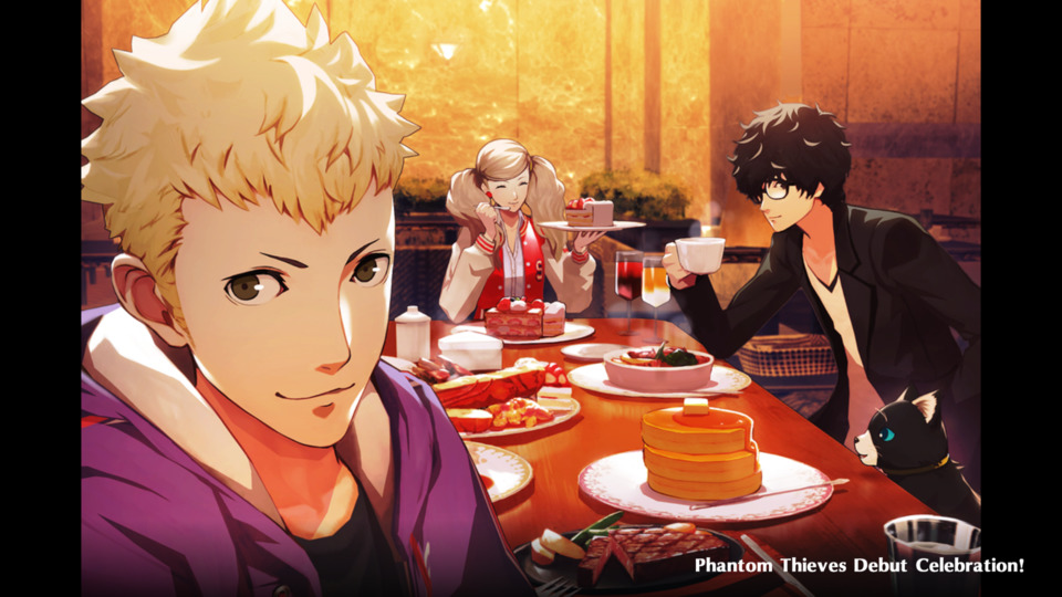Ryuji, Ann, Joker, and a certain feline friend out at lunch. 
