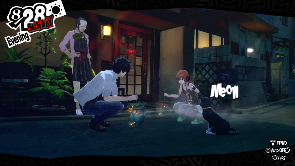 Futaba and Sojira spending an evening with Joker and the cat. 