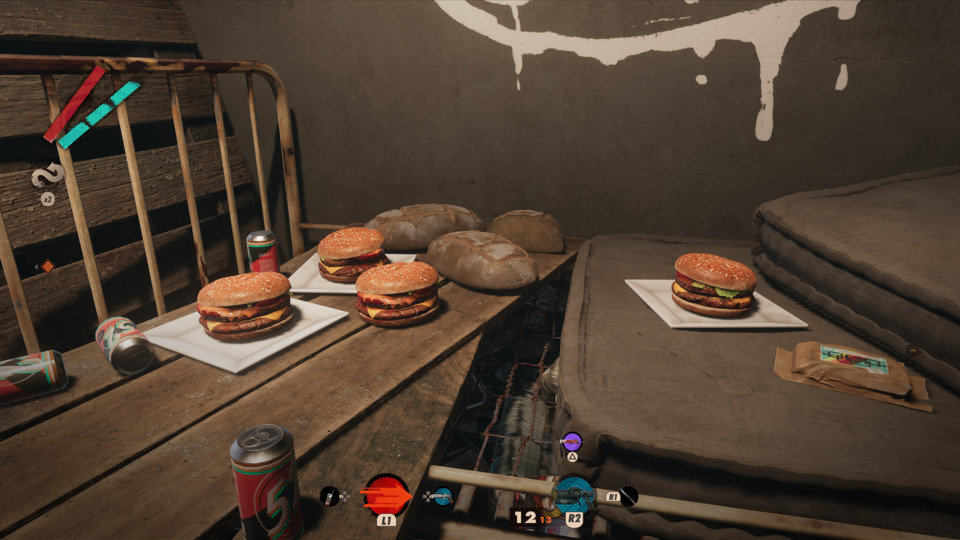I was kinda so engrossed in the game that I forgot to take screenshots of combat or the Slabs, so instead here's a corner of a room where I found four double cheeseburgers and three loaves of bread. 