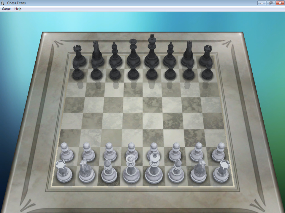 A game of Chess Titans on Windows 7, using the 3D Frosted Glass pieces Marble board theme.