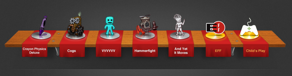 The five stars in the Humble Indie Bundle lineup, plus the two charities involved.