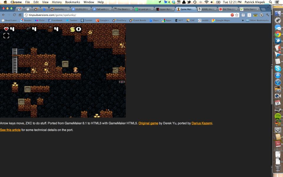 Here's Spelunky running in my own web browser, alongside endless sets of wedding documents.