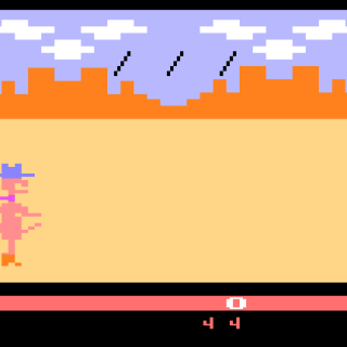 Pixellated nudity in Custer's Revenge for the Atari 2600. One of few games to depict rape in such a 